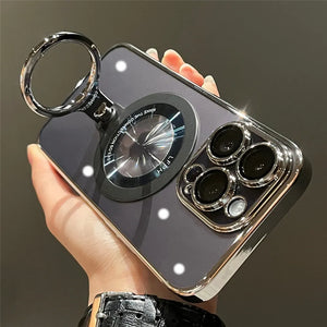 Phone case, cover, Transparent Plating Metal Ring Bracket Mag safe Magnetic Case, Stand Holder Lens Protection Cover.
